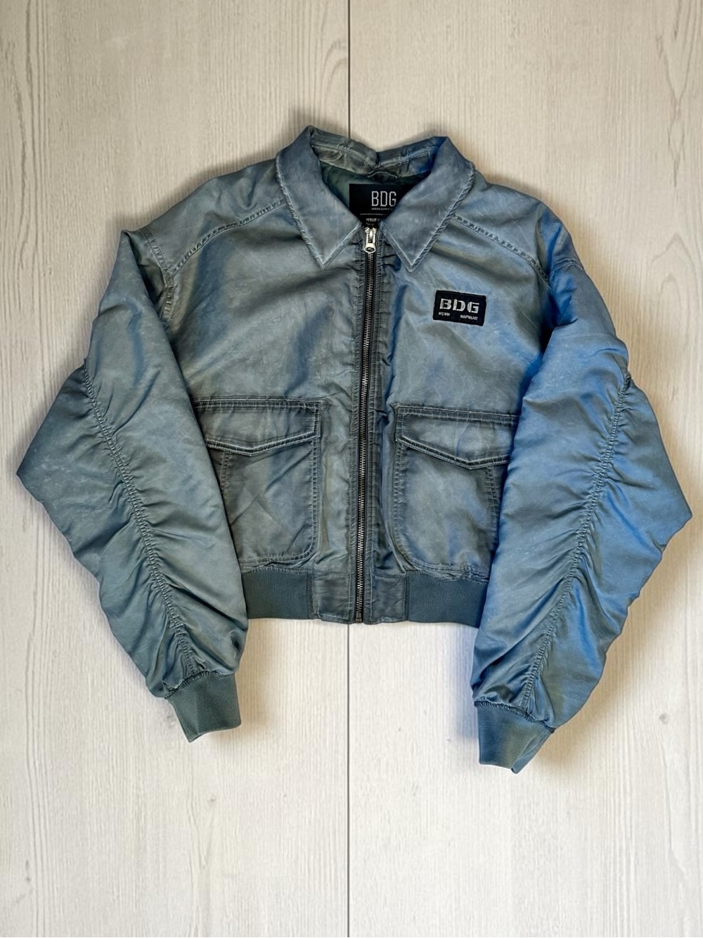 BDG Distressed Blue Bomber Jacket With Gathered Detail Woman Size L